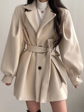 Aurohaya Elegant Wool Coat with Puff Sleeves, Belt, and Pockets for Women Winter & Fall Oversized Jacket